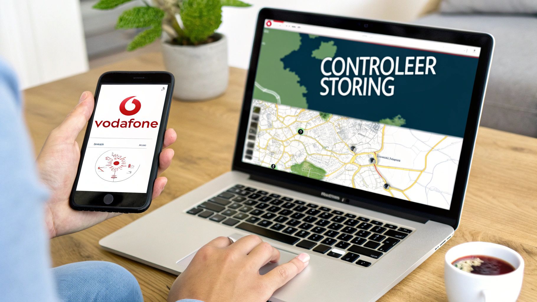 Een persoon controleert Vodafone netwerkstoringen op een smartphone en laptop met een kaart van de getroffen gebieden.