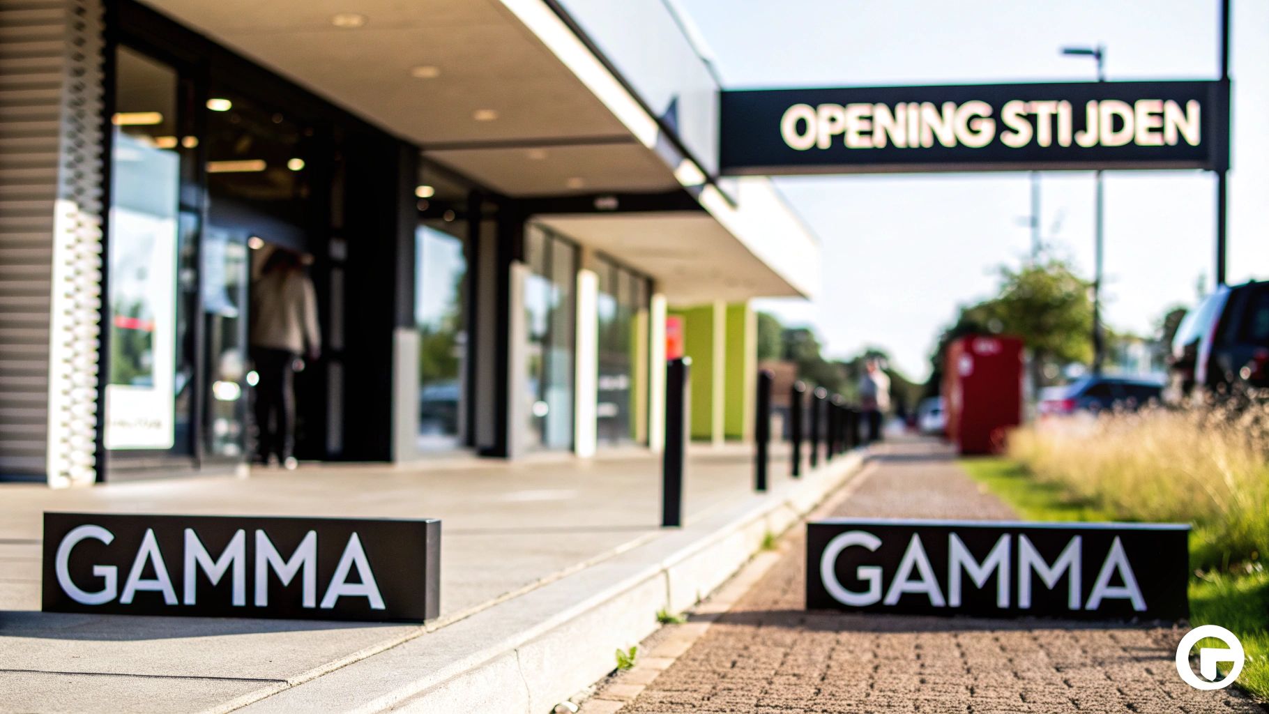 Ingang van een GAMMA bouwmarkt met een 'OPENING STIJEN' bord boven de deur en twee 'GAMMA' borden op de grond.