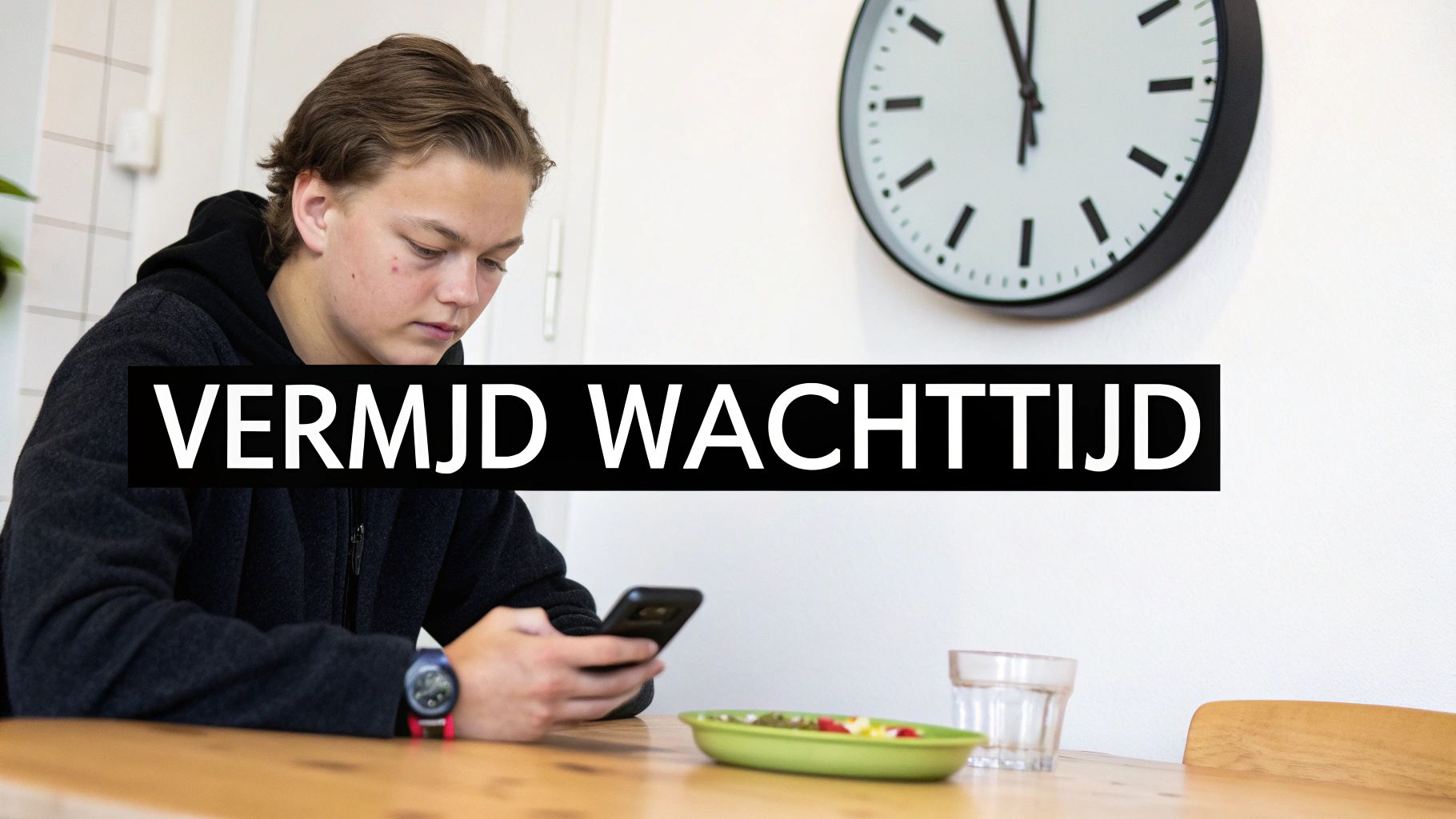 Jonge persoon zit aan tafel en kijkt op zijn telefoon, met een klok op de achtergrond. Tekst: VERMIJD WACHTTijd.