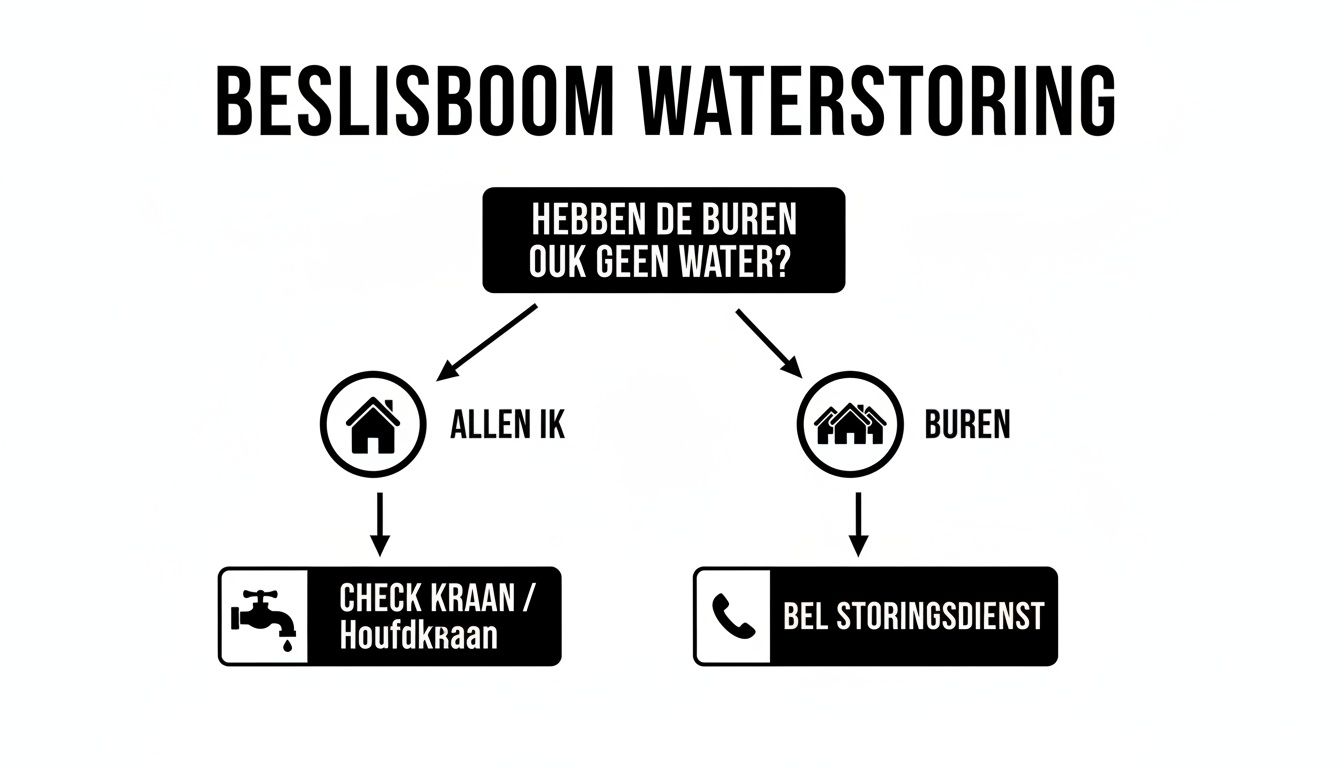 Beslisboom voor waterstoring: controleer of buren ook geen water hebben, dan kraan checken of storingsdienst bellen.
