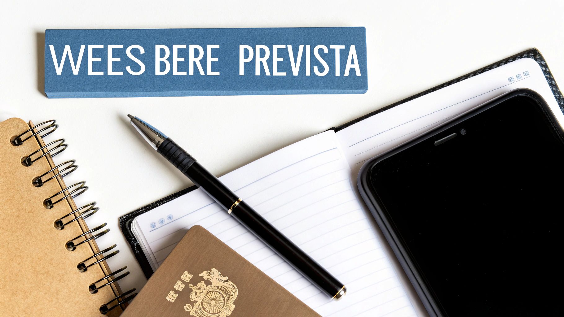 Een werkblad met blauw bordje 'WEES BERE PREVISTA', pen, notitieboekjes en smartphone.