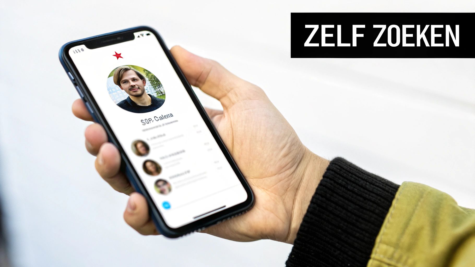 Een hand houdt een smartphone vast met een geopende app die een profielfoto en contactlijst toont, naast de tekst 'ZELF ZOEKEN'.