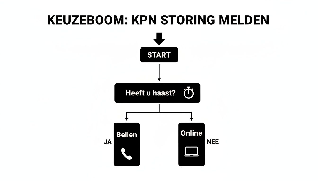 Keuzeboom voor KPN storing melden: start, vraag 'haast?', keuze tussen bellen (ja) en online (nee).