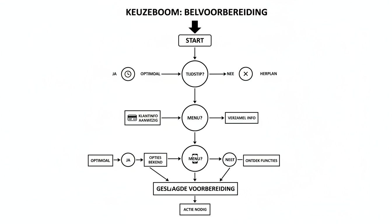 Stroomdiagram voor de voorbereiding van een telefoongesprek, beginnend met 'START' en eindigend met 'ACTIE NODIG'.
