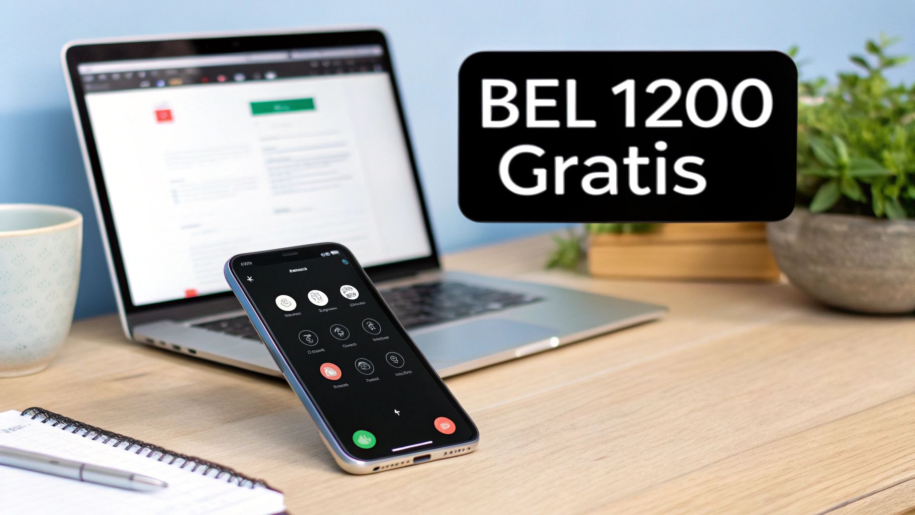 Een smartphone met een bel-app op een houten bureau naast een laptop, mok en notitieboek, met 'BEL 1200 Gratis'.