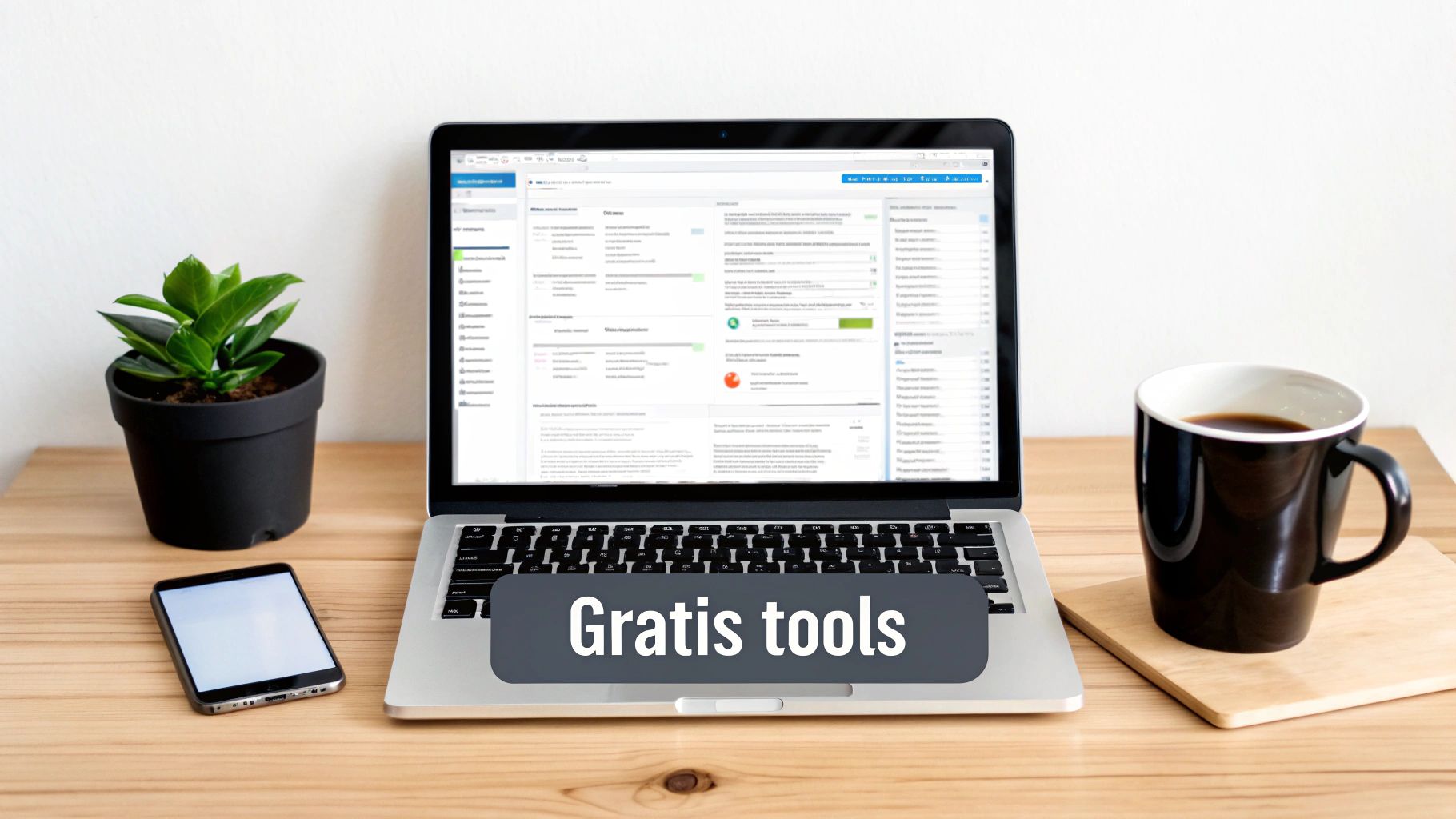 Een schone werkplek met een laptop, smartphone, plant en koffie, met een banner 'Gratis tools'.