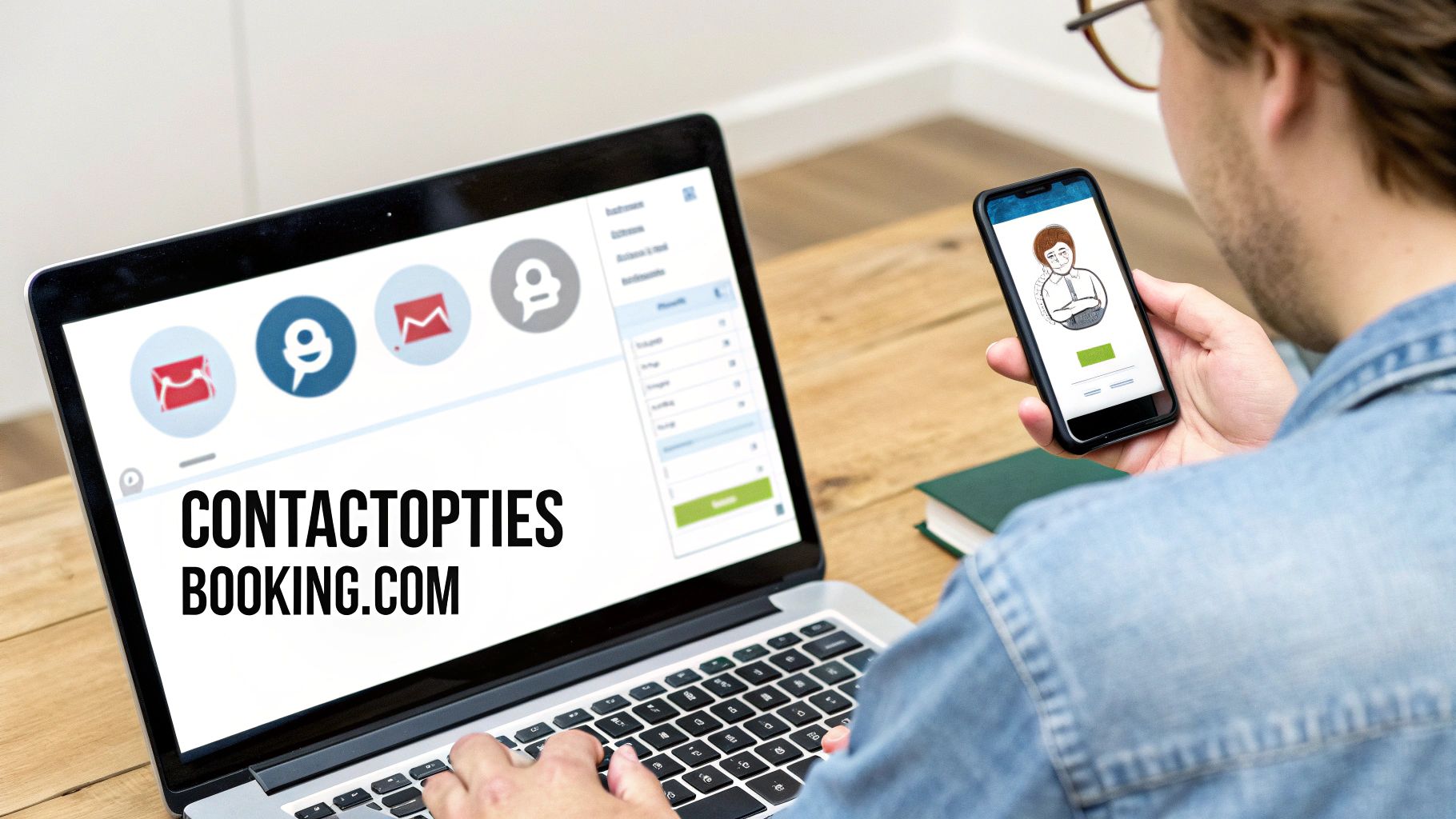 Een persoon kijkt naar een laptop en smartphone. Op het laptopscherm staat 'CONTACTOPTIES BOOKING.COM', wat duidt op klantenservice.