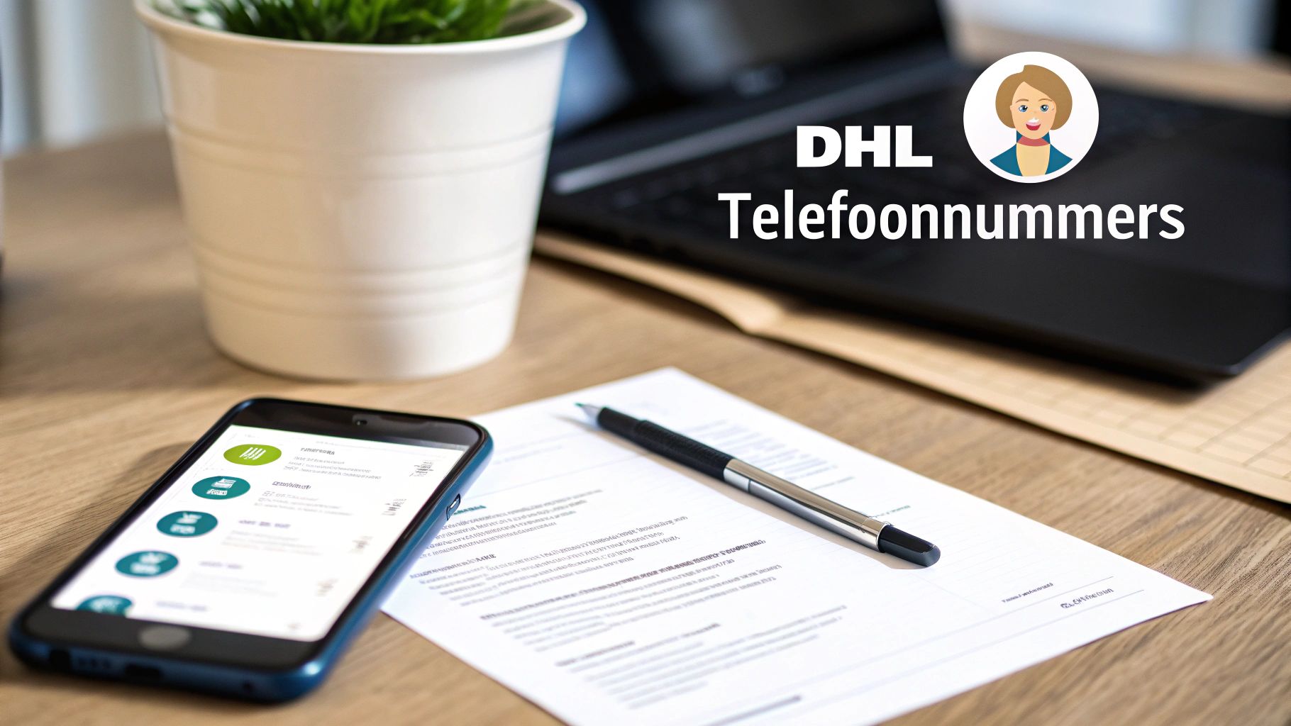 Een kantoorwerkplek met een smartphone die een app toont, een pen op een document en de tekst 'DHL Telefoonnummers'.