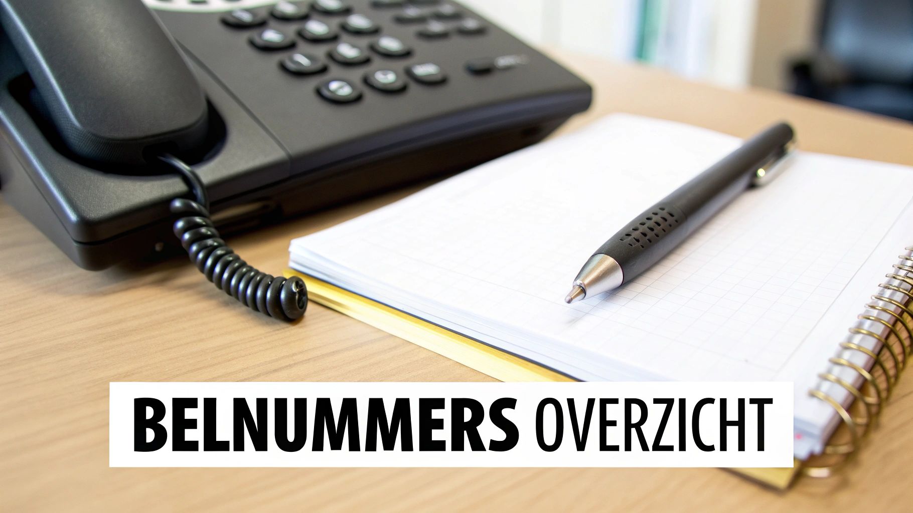 Zwarte bureautelefoon, notitieblok en pen op een houten bureau met de tekst 'BELNUMMERS OVERZICHT'.