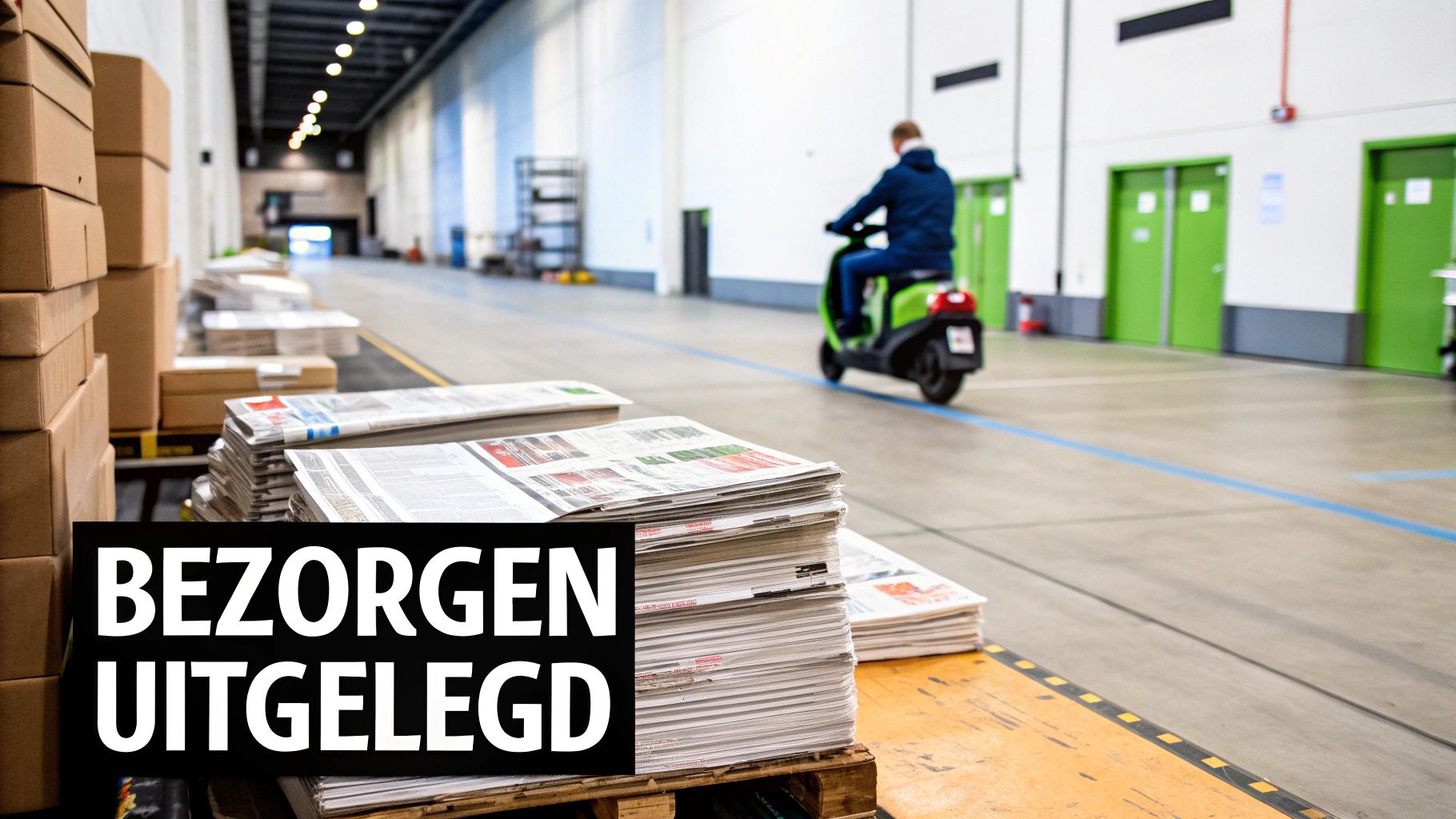 Stapels kranten op pallet in distributiecentrum met bezorger op elektrische scooter op achtergrond