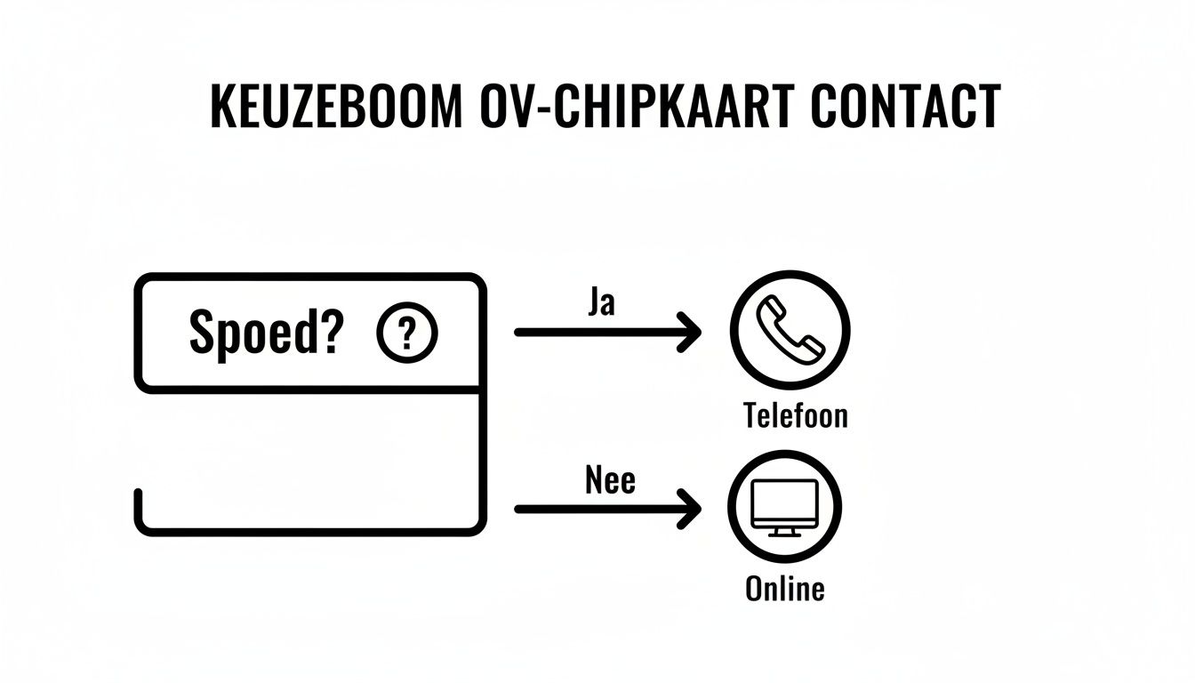 Keuzeboom OV-chipkaart contact: Vraag over spoed leidt naar telefoon of online opties.