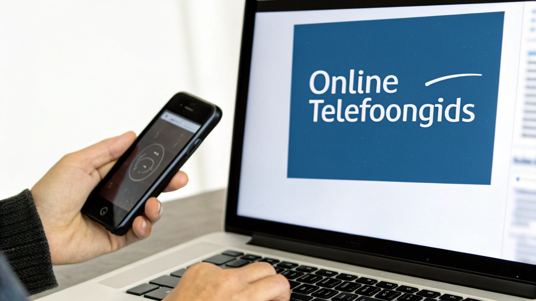 Een persoon gebruikt een smartphone en laptop met daarop de tekst 'Online Telefoongids' op een blauwe achtergrond.