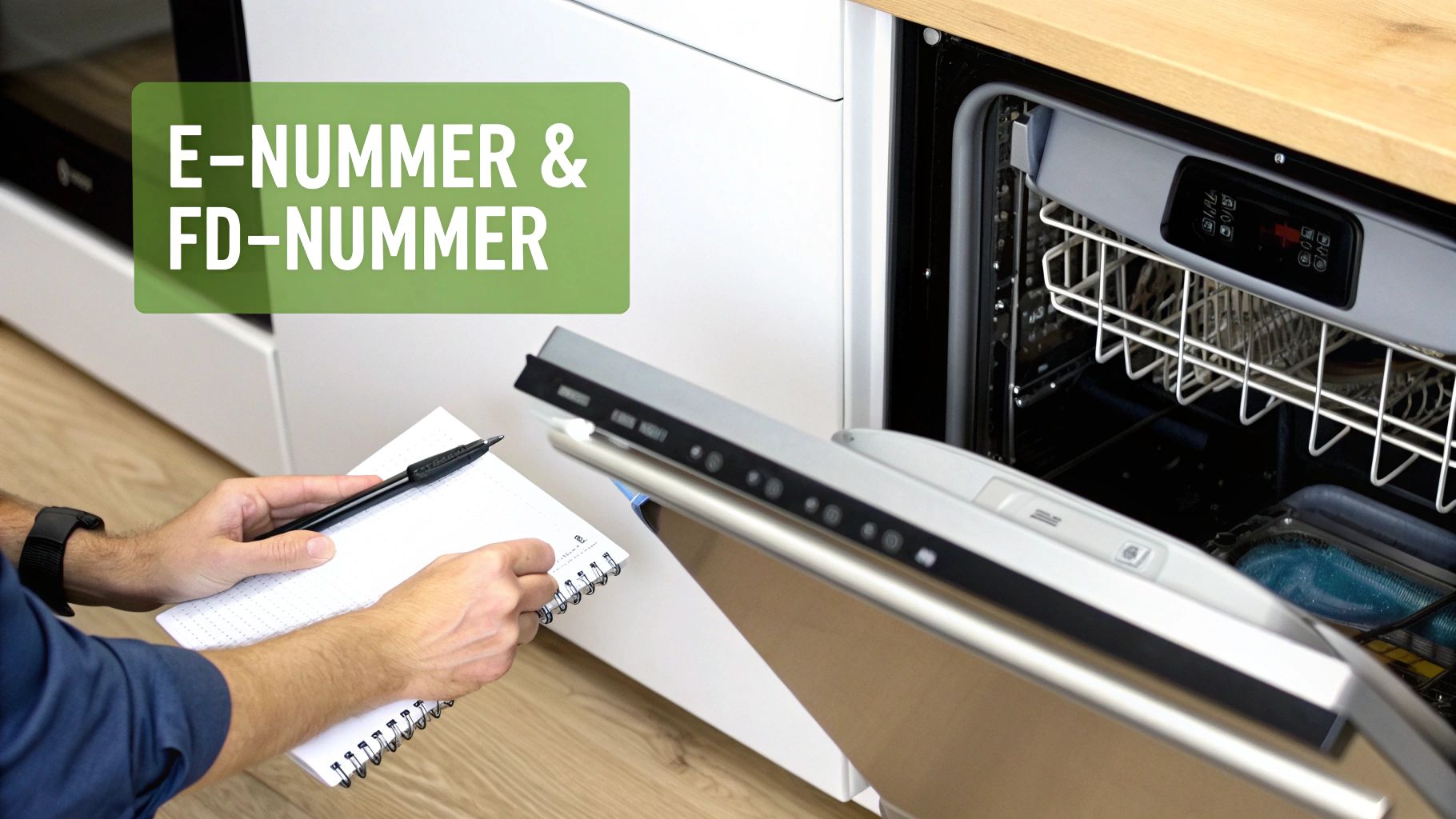 Een persoon met pen en notitieboekje bij een open vaatwasser, klaar om het E-nummer en FD-nummer te noteren.