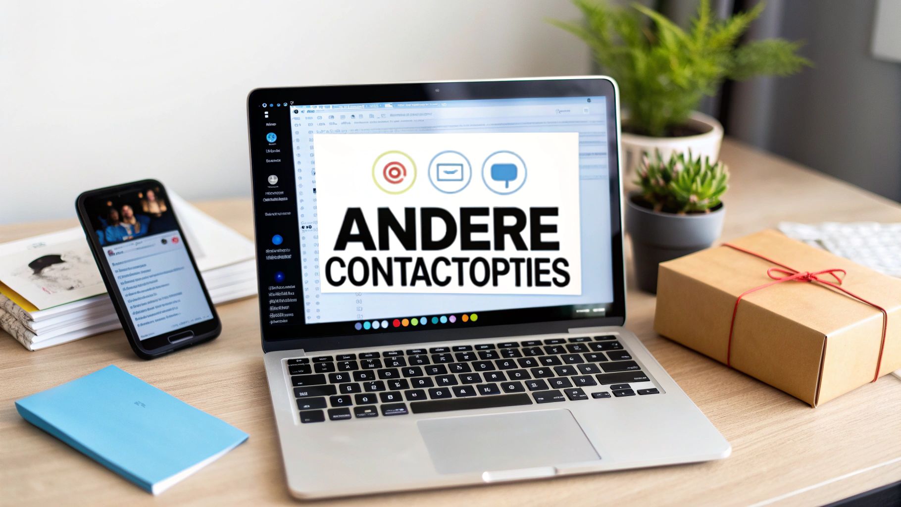 Laptop op een bureau met 'ANDERE CONTACTOPTIES' op het scherm, omringd door een telefoon en planten.
