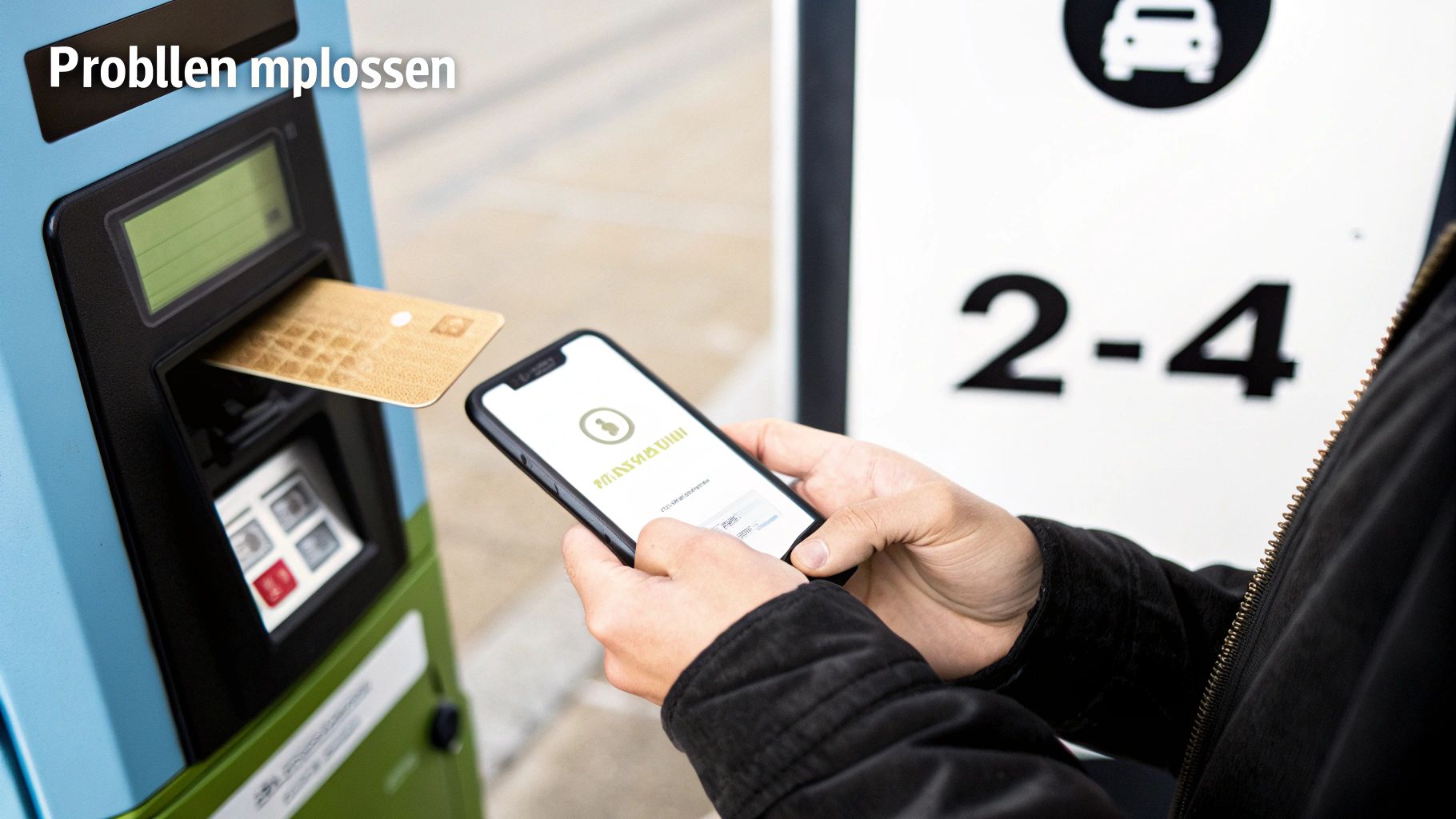 Een persoon betaalt met een kaart bij een terminal terwijl hij een smartphone gebruikt. Achtergrond toont een parkeerbord met een auto en '2-4'.