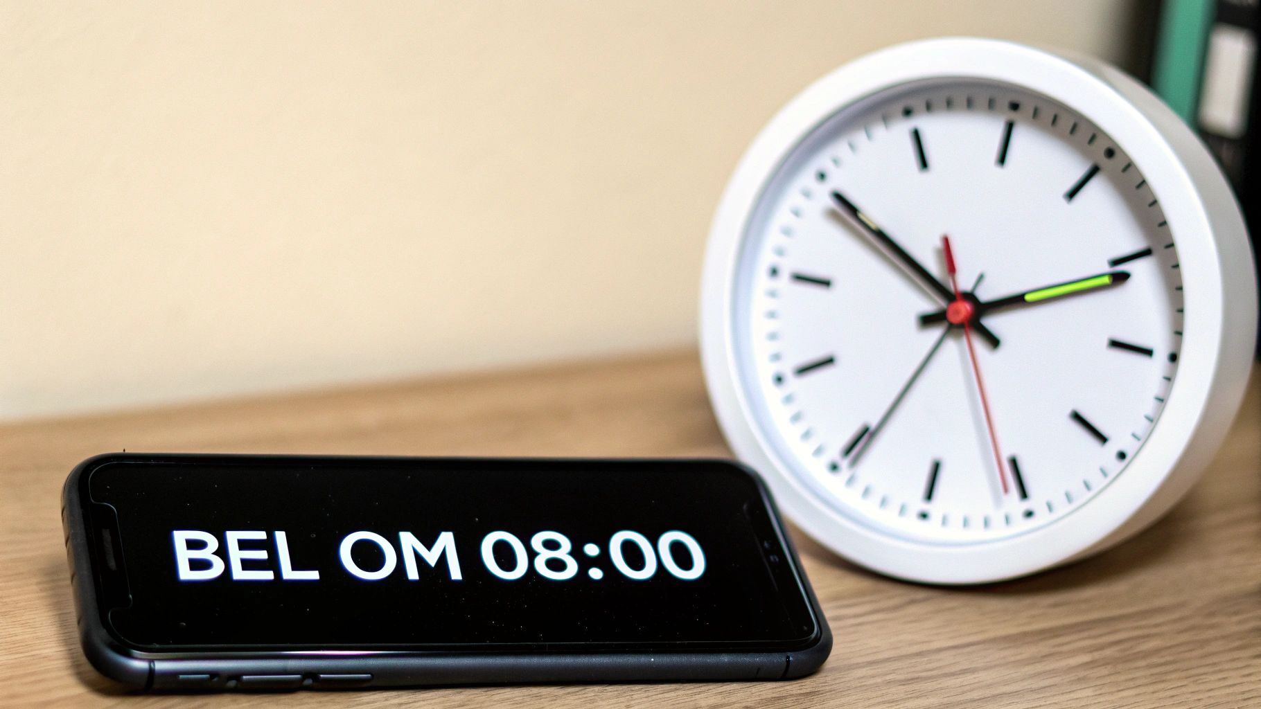 Een smartphone met 'BEL OM 08:00' op het scherm naast een analoge klok die bijna acht uur aangeeft.