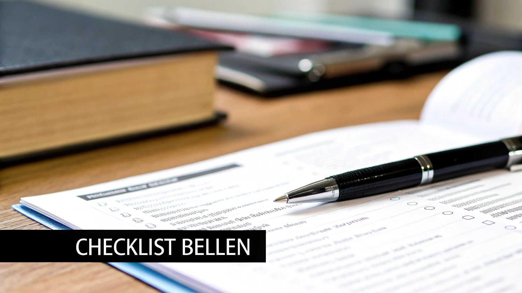 Een zwarte pen ligt op een document met een checklist, met de tekst "CHECKLIST BELLEN" onderaan.