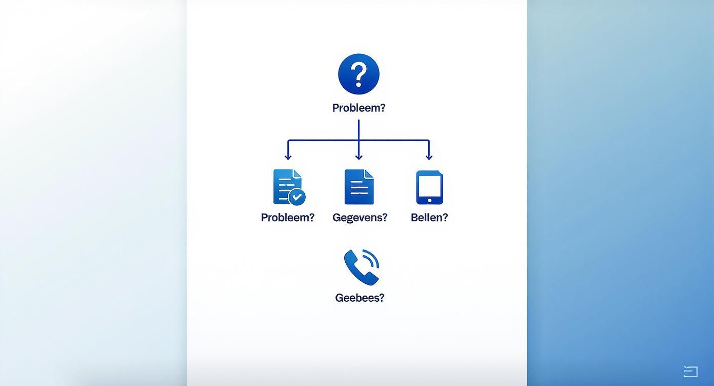 Flowchart met vragen over problemen, gegevens en bellen, beginnend met 'Probleem?' en eindigend met 'Geebees?'.