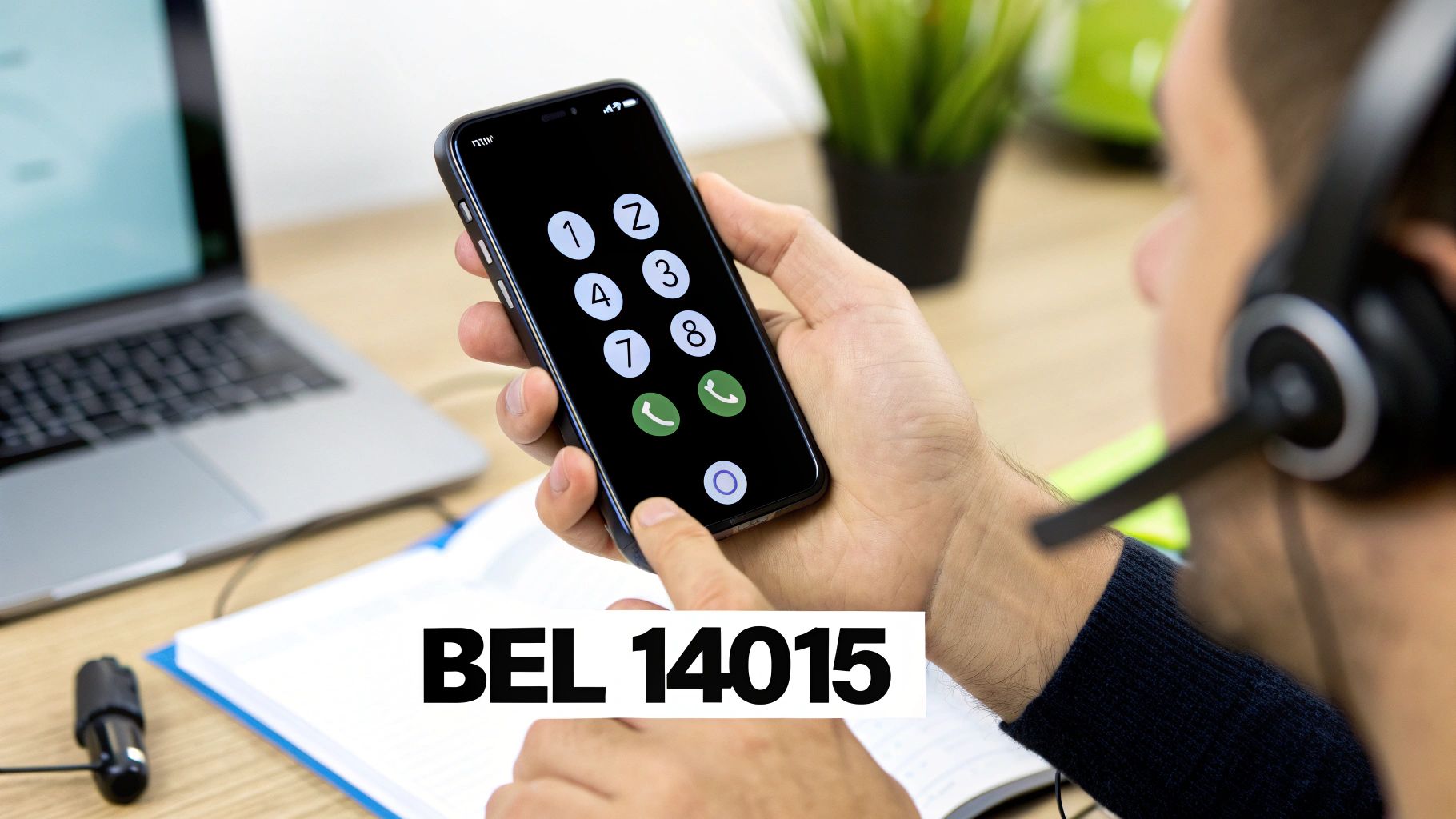 Persoon met headset die een smartphone vasthoudt met een nummertoetsenbord, naast een laptop en notitieblok.