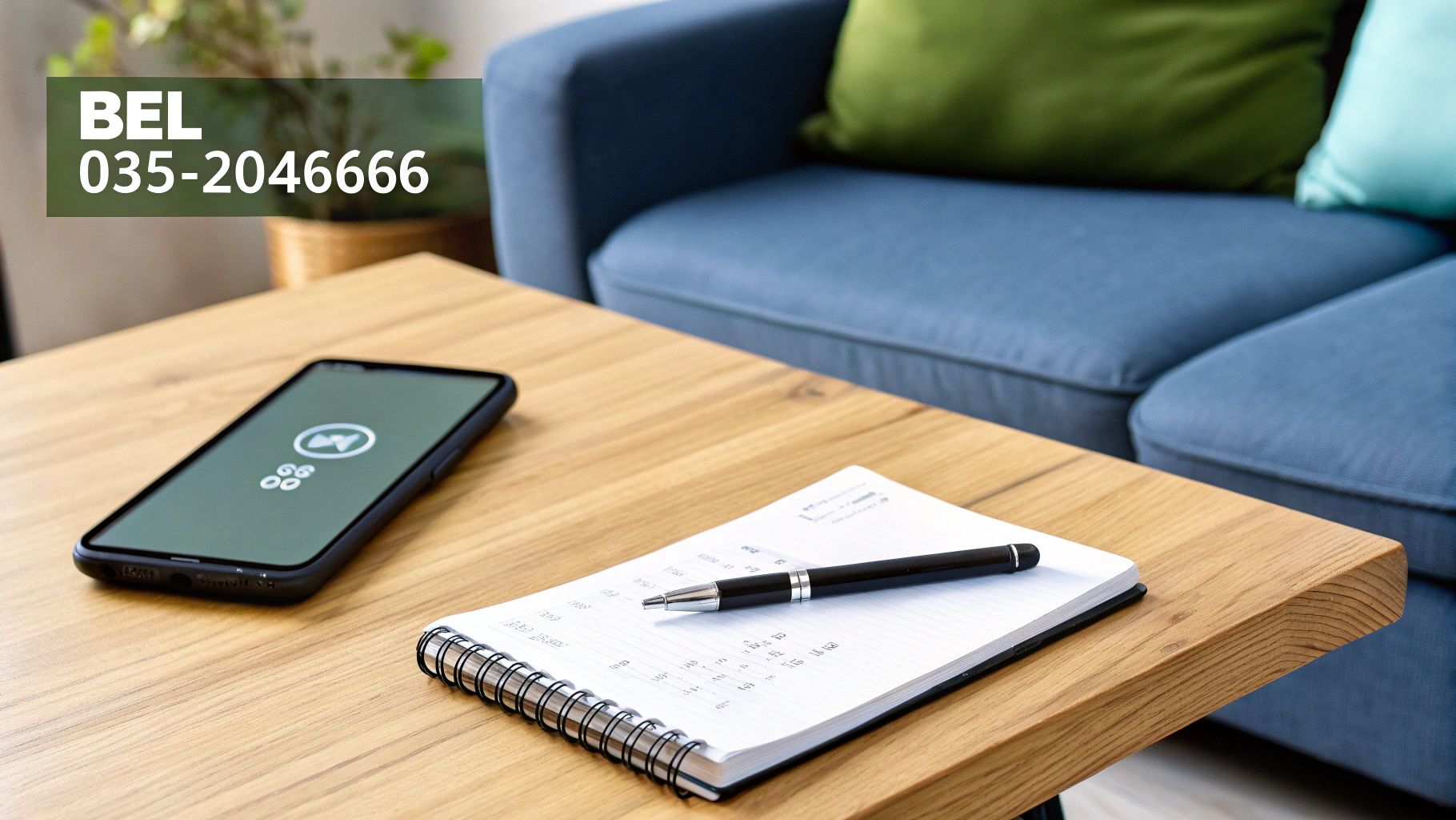 Een houten tafel met smartphone, notitieboekje, pen en contactinformatie 'BEL 035-2046666'.