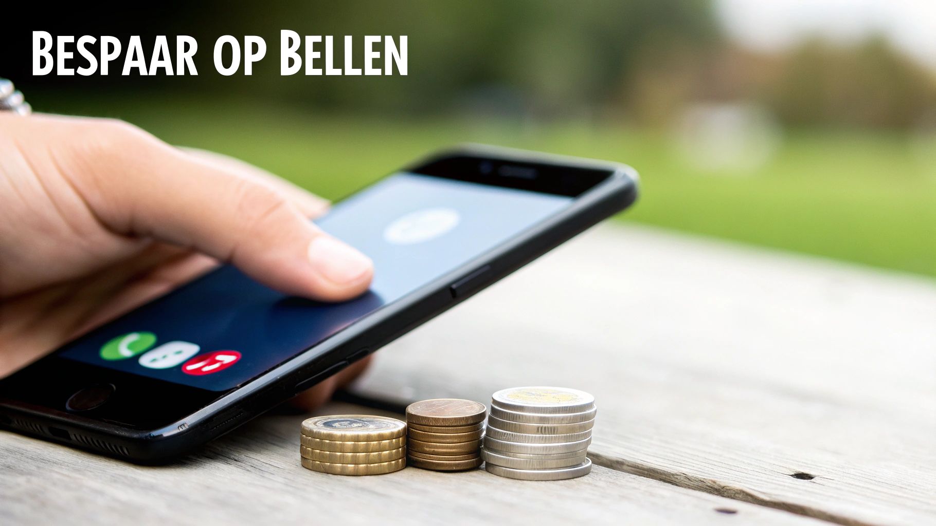 Hand gebruikt smartphone met bel-app, munten op tafel symboliseren besparing op telefoonkosten