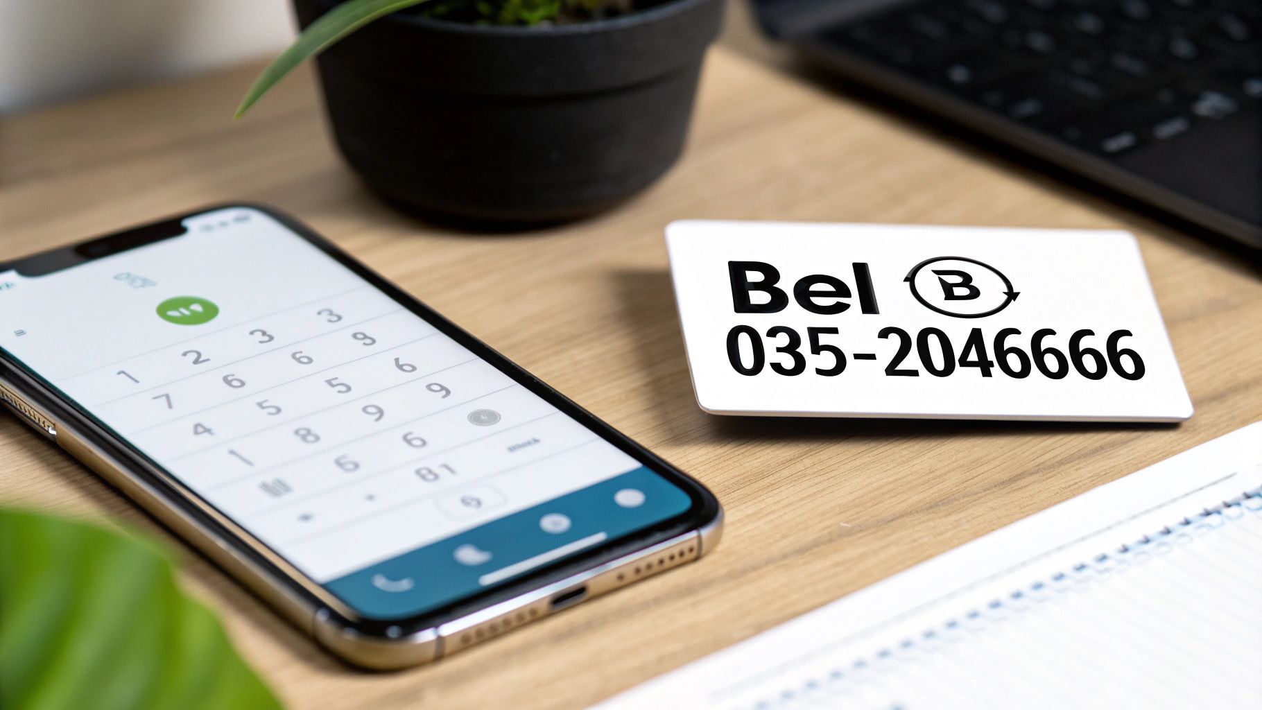 Een smartphone met een telefoonkiezer en een witte kaart met het nummer "Bel B 035-2046666" op een houten bureau.