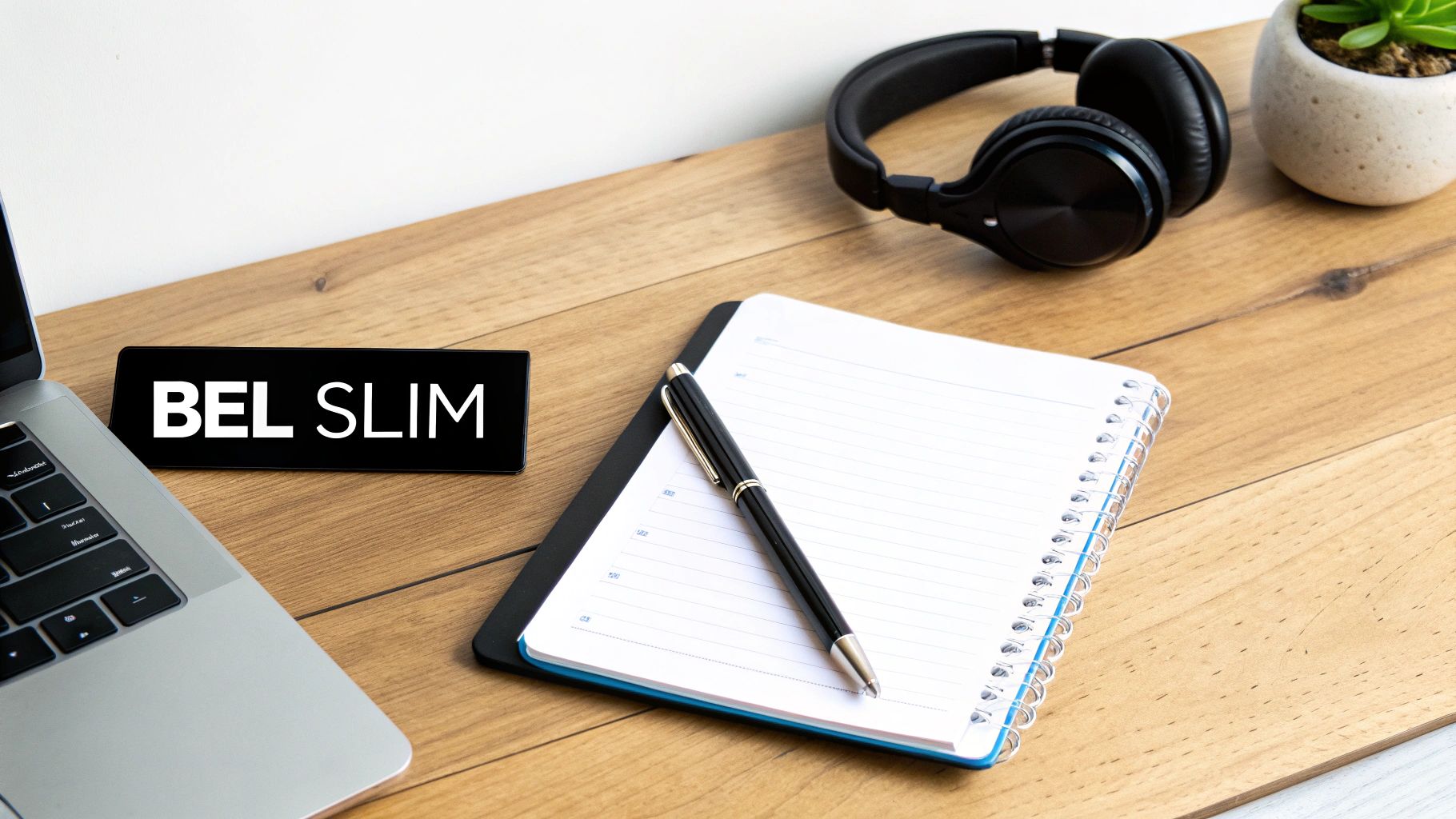Een houten bureau met een laptop, een zwart bordje met 'BEL SLIM', een notitieboek, een pen, koptelefoon en plant.