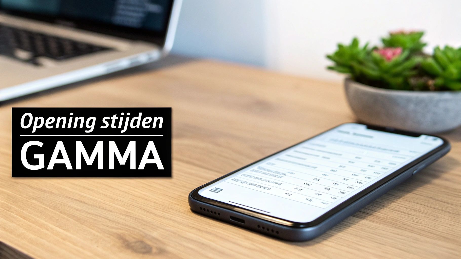 Een zwart bord met de tekst 'Openingstijden GAMMA' op een houten bureau, naast een laptop, smartphone en een plant.