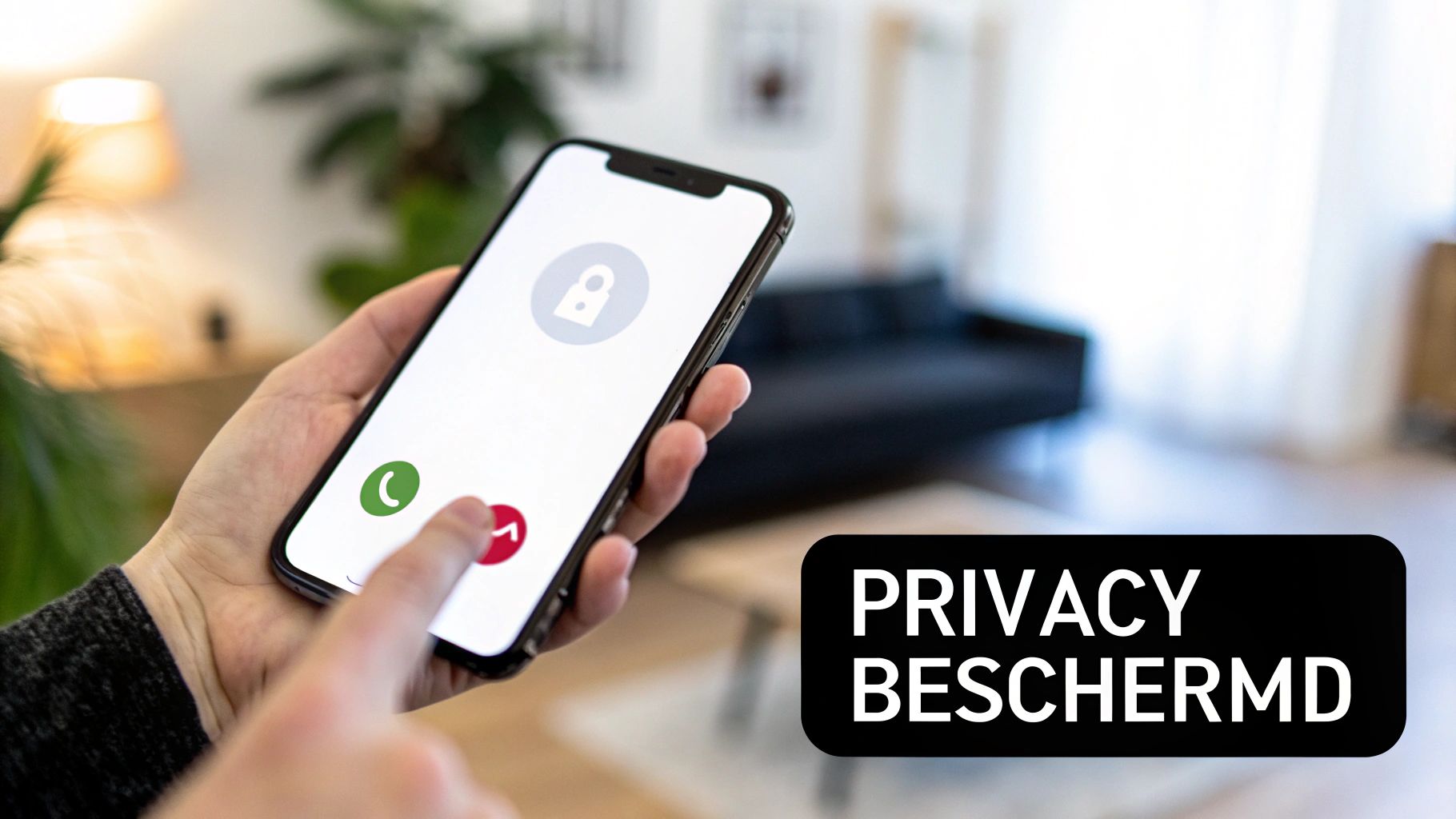 Een persoon die een telefoon vasthoudt en naar een onbekend nummer op het scherm kijkt, met een vraagteken ernaast