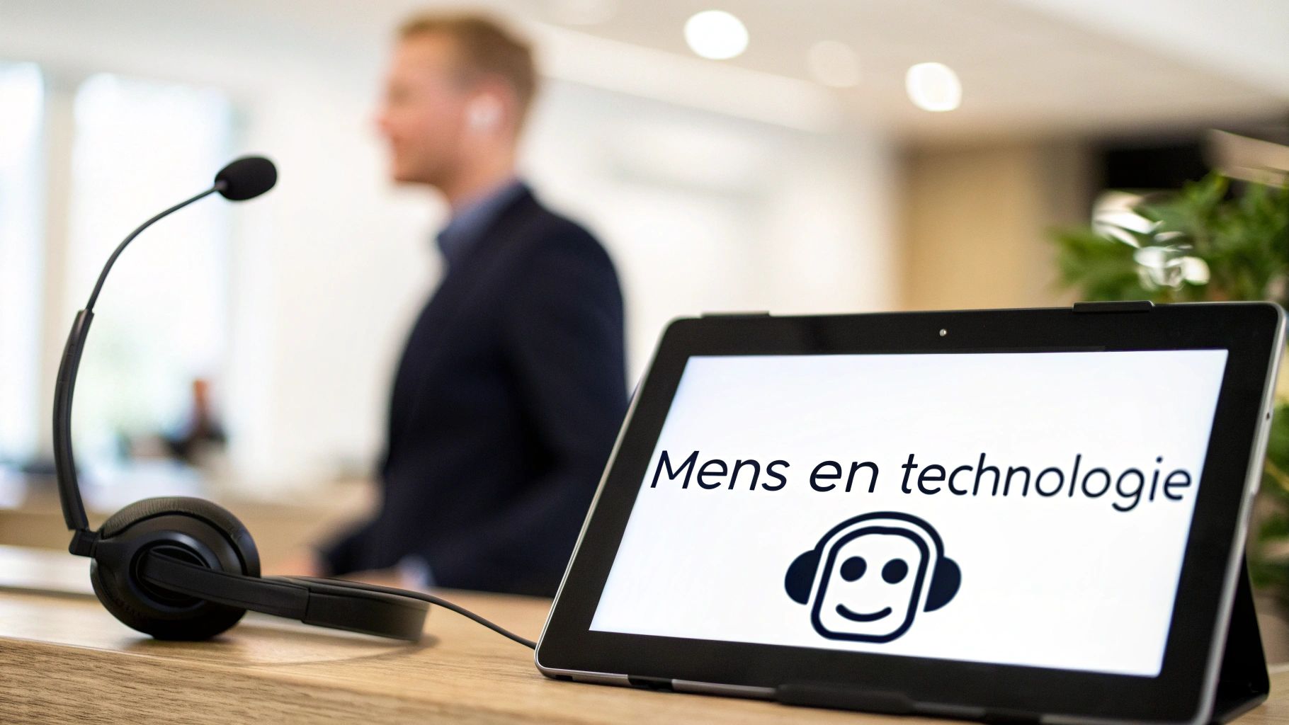 Een headset met microfoon en een tablet waarop 'Mens en technologie' staat, met een persoon op de achtergrond.
