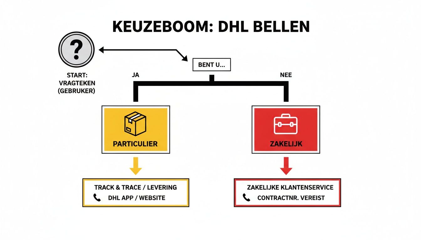Stroomdiagram voor DHL bellen, toont opties voor particuliere en zakelijke klanten.