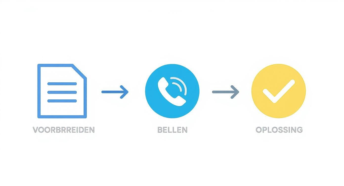 Visualisatie van een driestappenproces: voorbereiden met document, bellen met telefoon, en oplossing met vinkje.