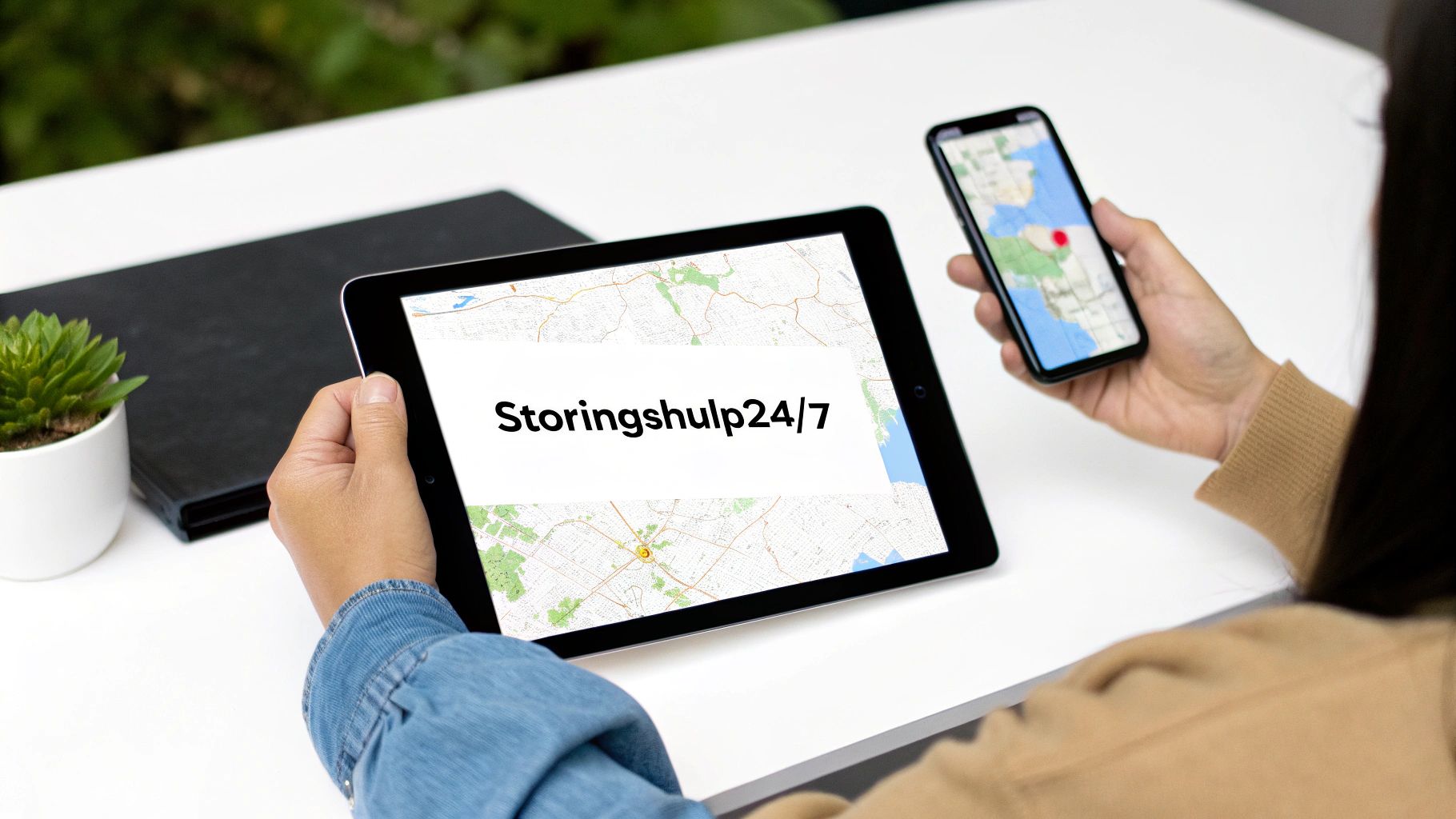 Een persoon gebruikt een tablet met 'Storingshulp24/7' over een kaart en een smartphone met een locatiepin.