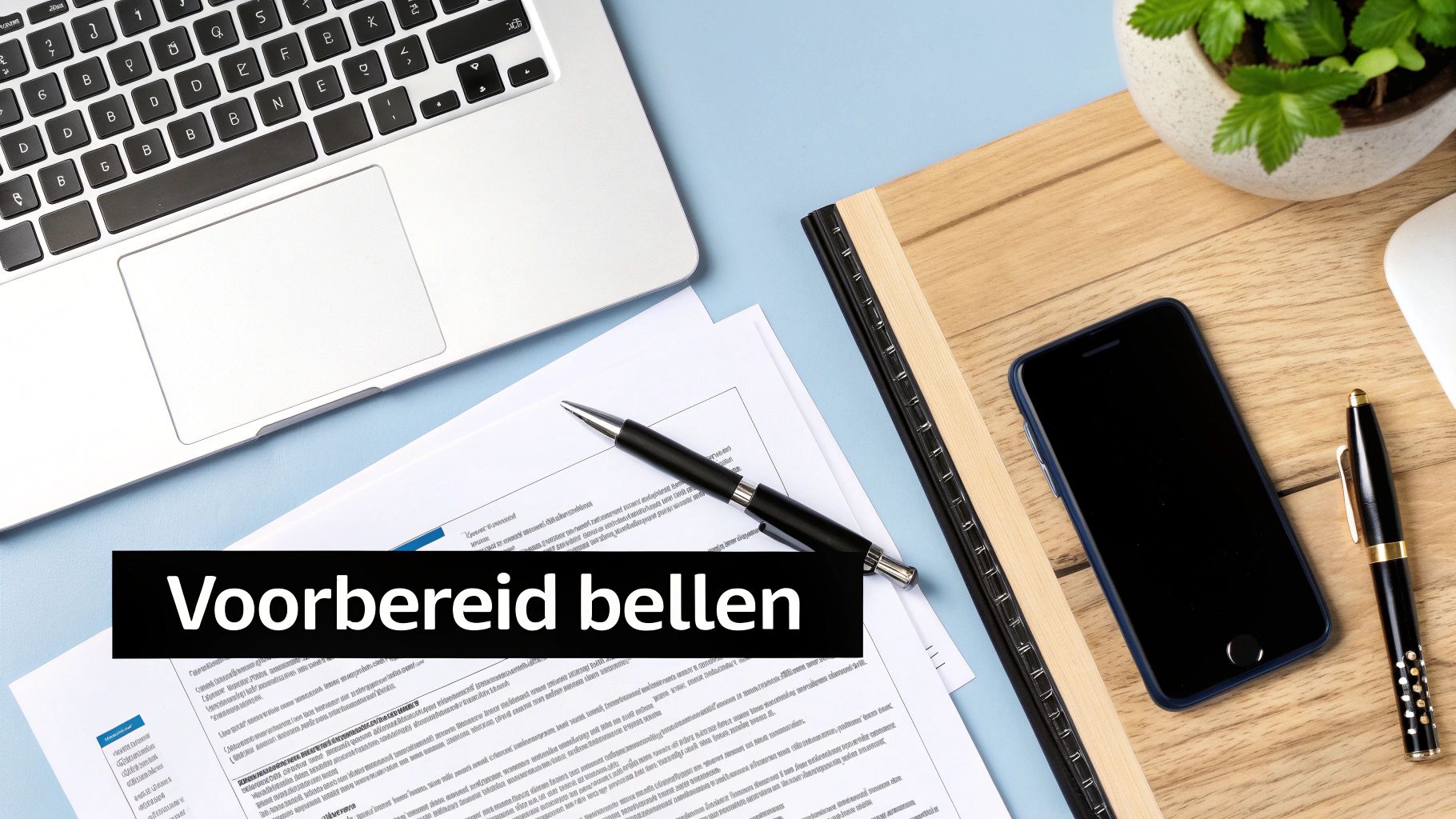 Een georganiseerde werkplek met een laptop, documenten, pennen, smartphone en een plantje. De tekst zegt 'Voorbereid bellen'.