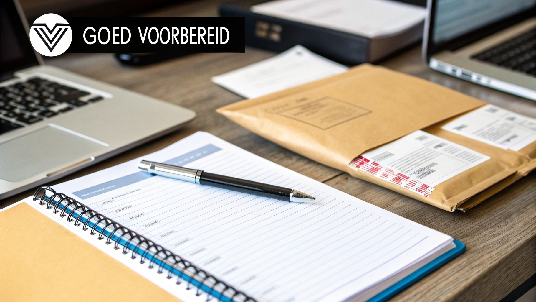 Een persoon die aantekeningen maakt ter voorbereiding op een telefoongesprek over een pakket