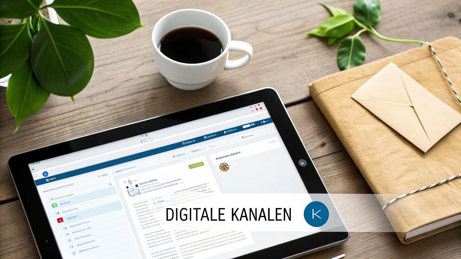 Een bovenaanzicht van een werkplek met tablet, koffie, plant en notitieboek, met de tekst 'Digitale Kanalen'.