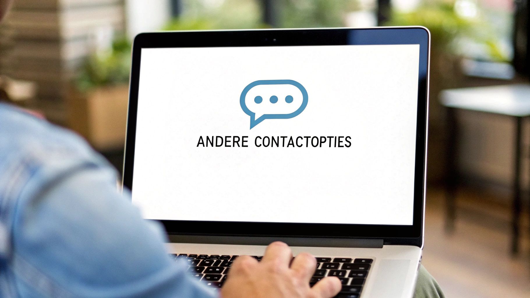 Persoon typt op laptop met scherm dat 'ANDERE CONTACTOPTIES' en een chatpictogram toont.