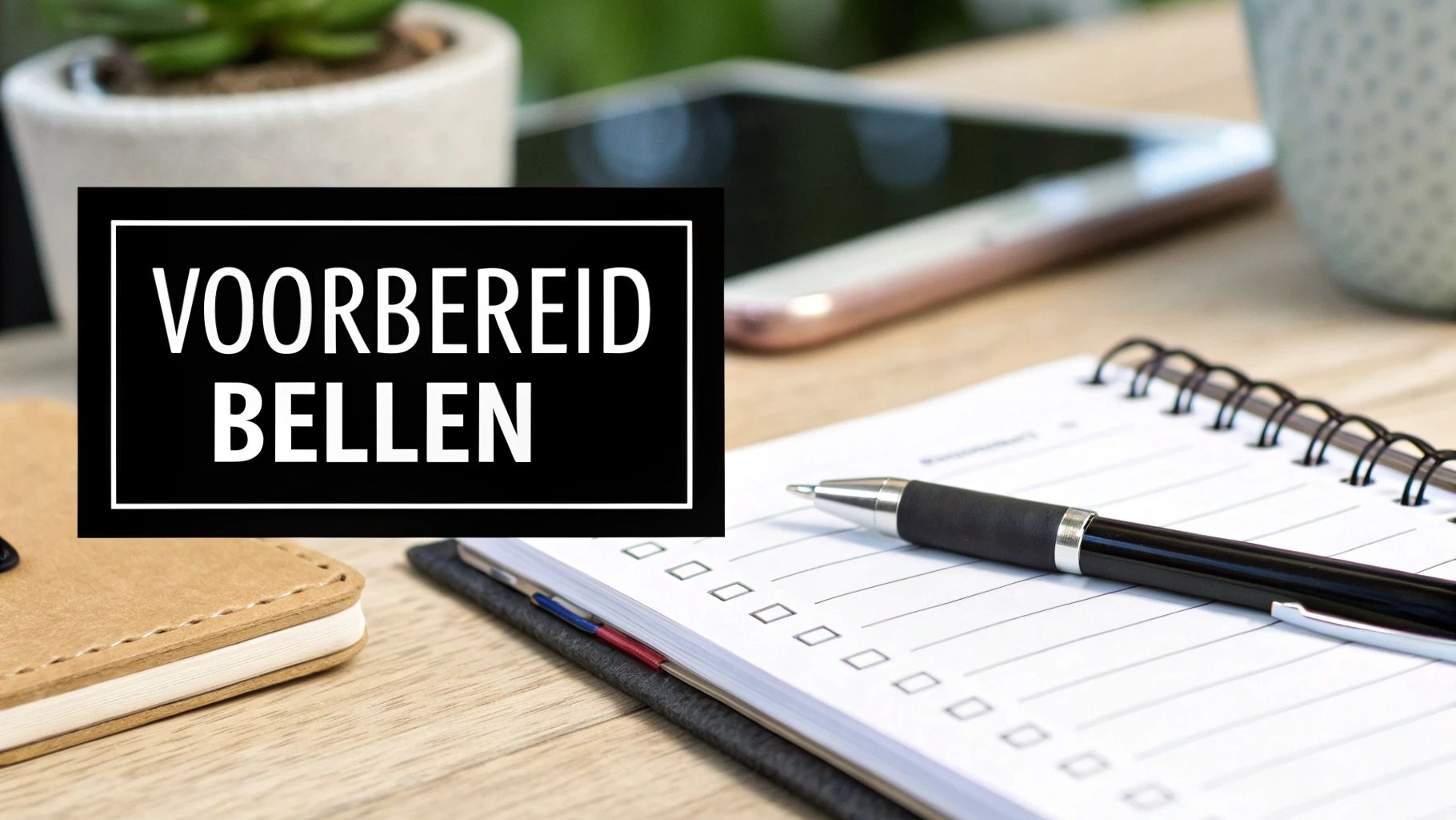 Een zwart tekstvak met 'VOORBEREID BELLEN' op een houten bureau met een notitieboek, pen, telefoon en plant, wat voorbereiding symboliseert.
