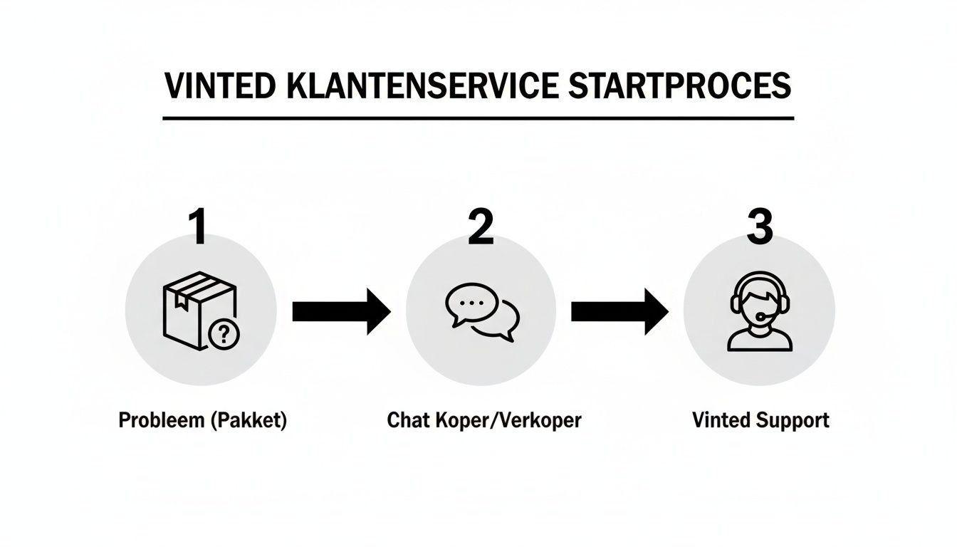 Infographic van het Vinted klantenservice proces: start met pakketprobleem, chat met koper/verkoper, dan Vinted support.