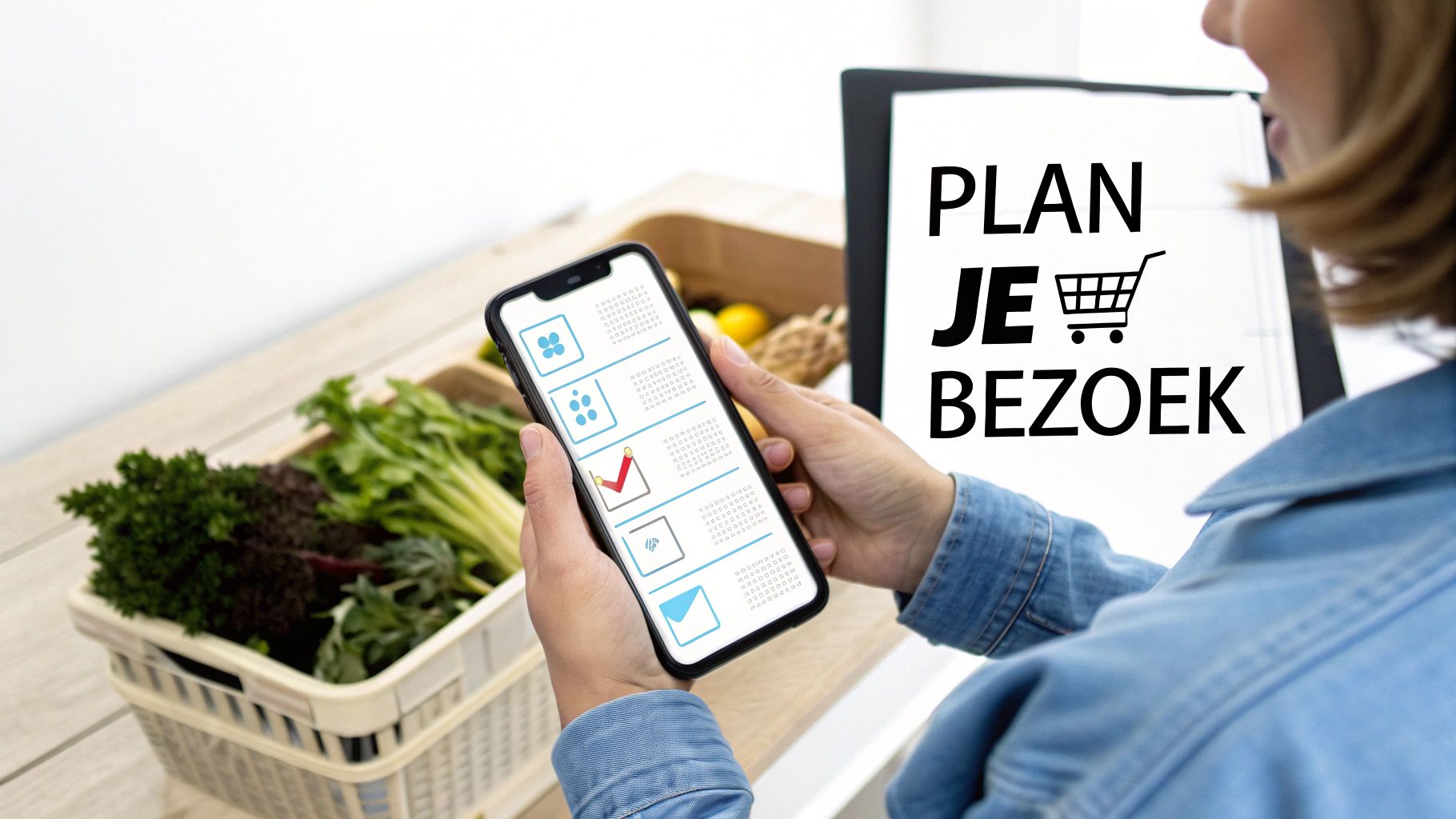 Een persoon plant boodschappen met een app op de smartphone, naast verse groenten en een bord met de tekst 'Plan je bezoek'.