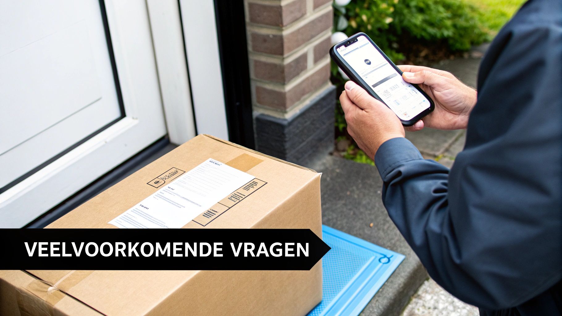 Een pakketje wordt op de stoep gescand door een bezorger met een telefoon, met de tekst 'Veelvoorkomende vragen'.