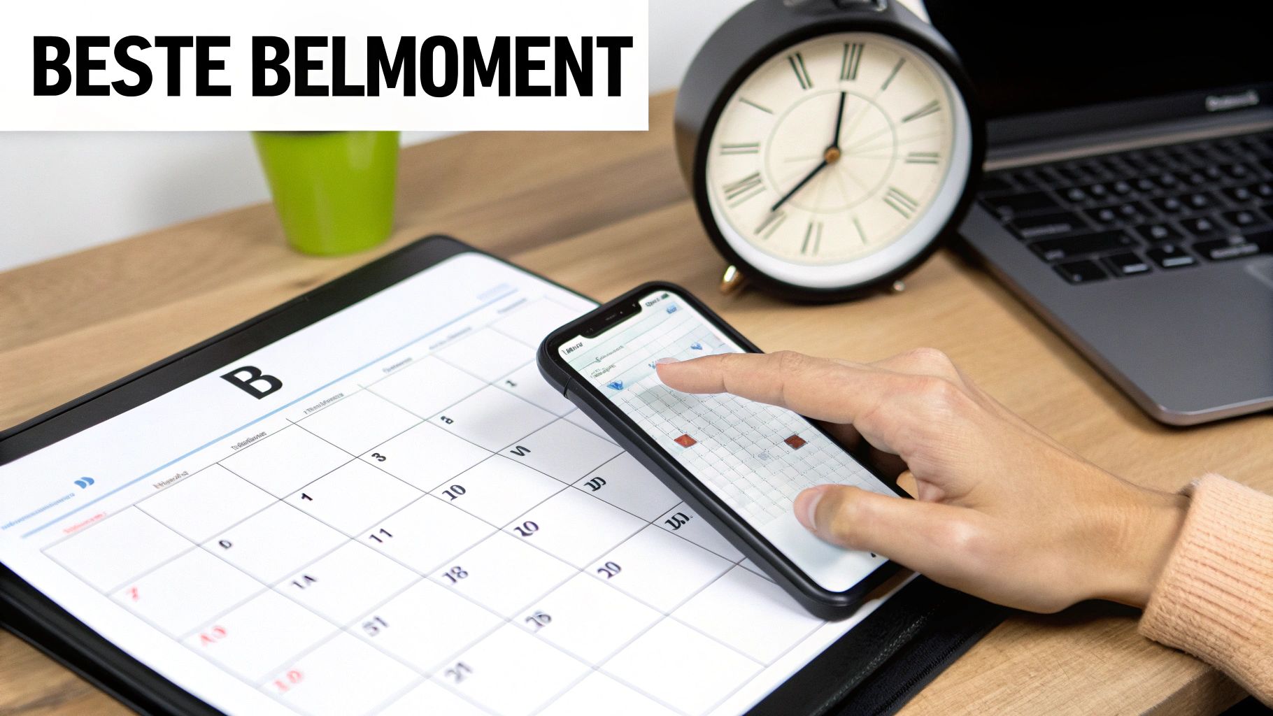 Een persoon die een telefoon vasthoudt en op een klok kijkt, als symbool voor het plannen van een telefoontje.