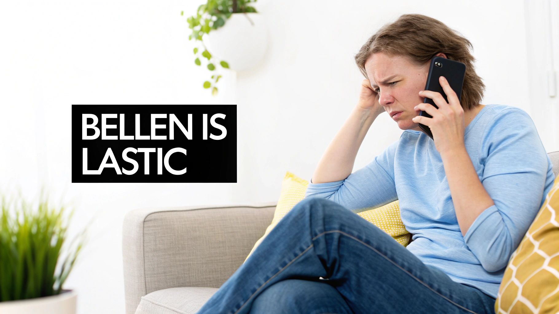 Vrouw op bank belt met een bezorgde uitdrukking, met de tekst 'BELLEN IS LASTIC' op de achtergrond.