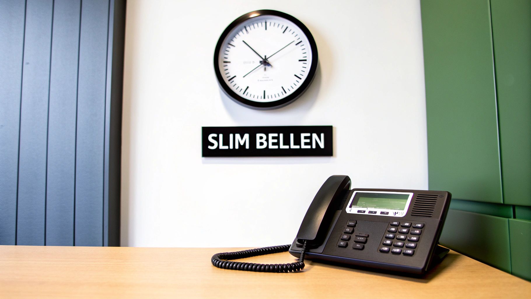 Een persoon die op een klok kijkt terwijl hij aan het bellen is, wat het plannen van een telefoongesprek symboliseert.