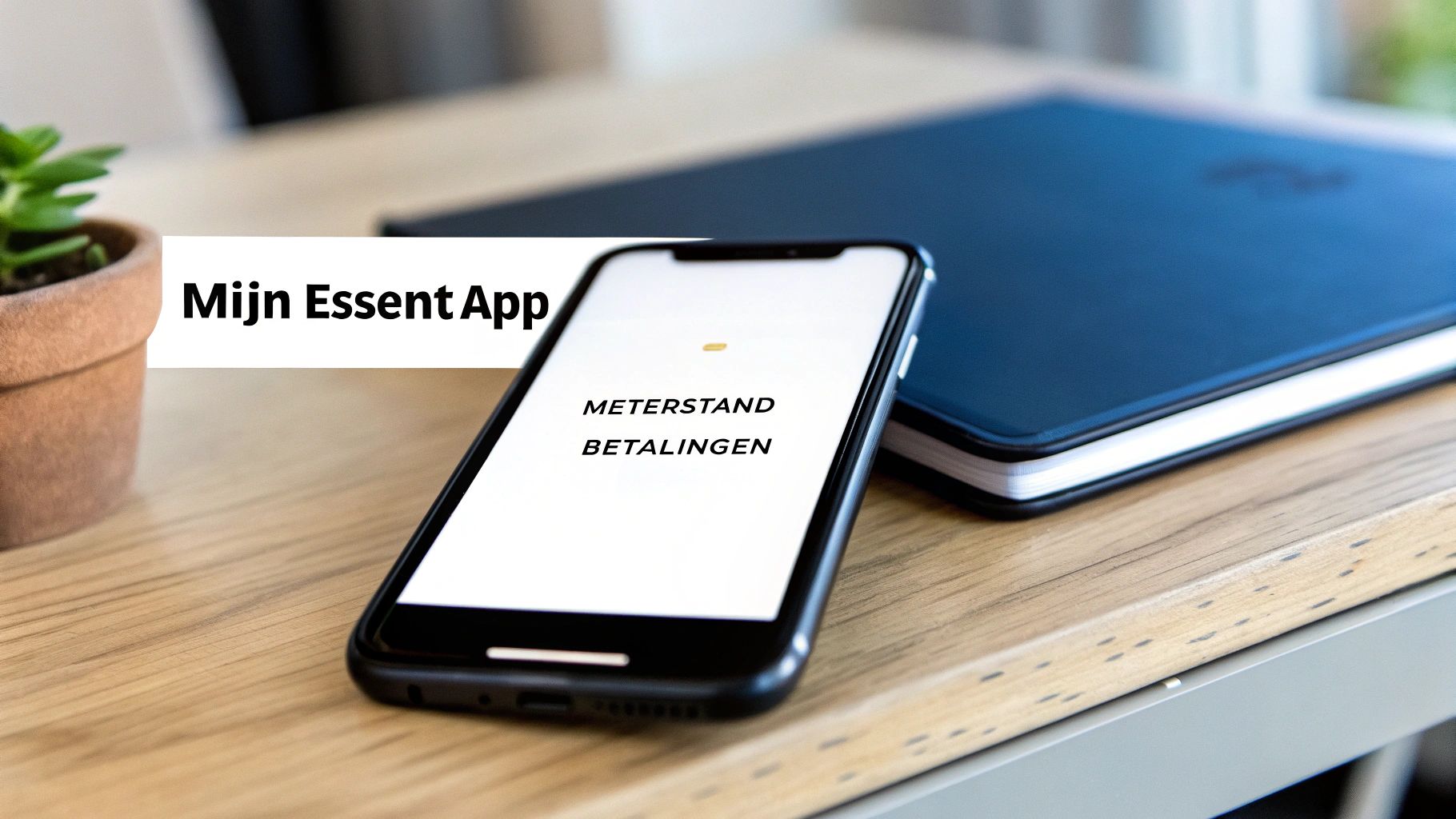 Mijn Essent App op een smartphone, met opties voor meterstand en betalingen, op een houten bureau.