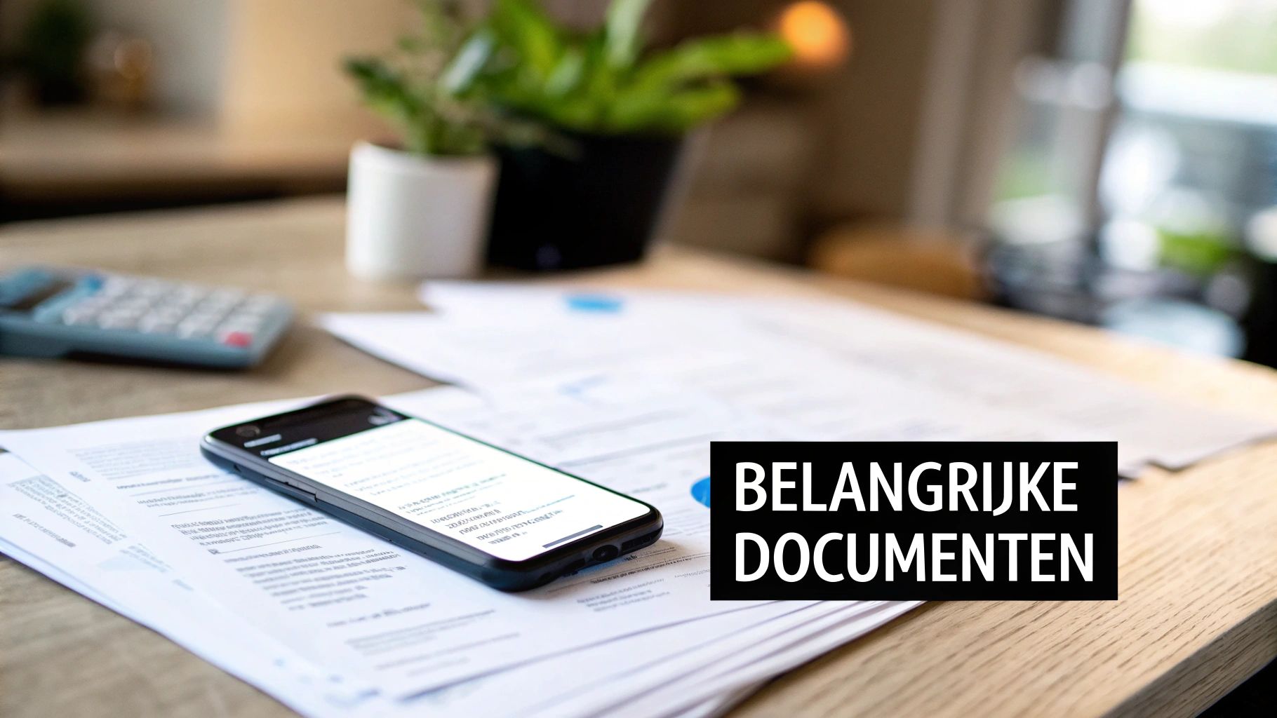 Een persoon die zorgvuldig documenten verzamelt en noteert aan een bureau.