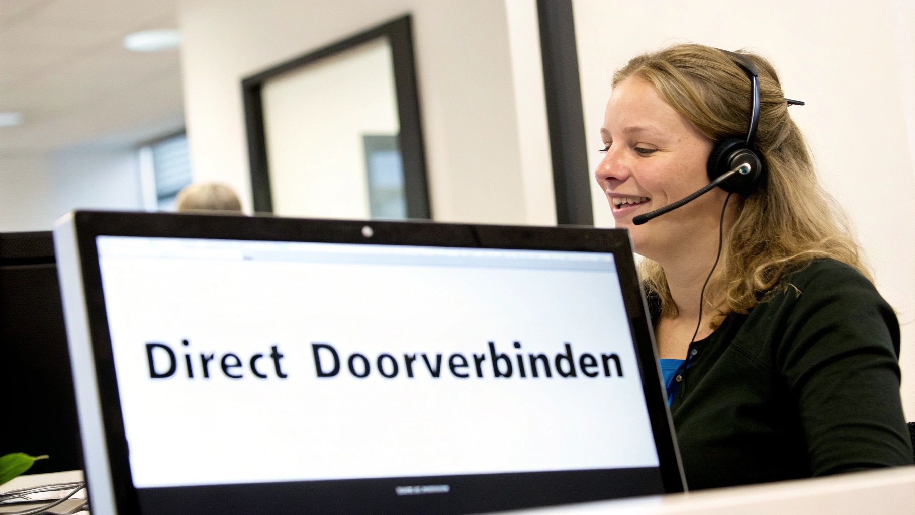 Een lachende vrouw met headset kijkt naar een computerscherm met de tekst "Direct Doorverbinden".