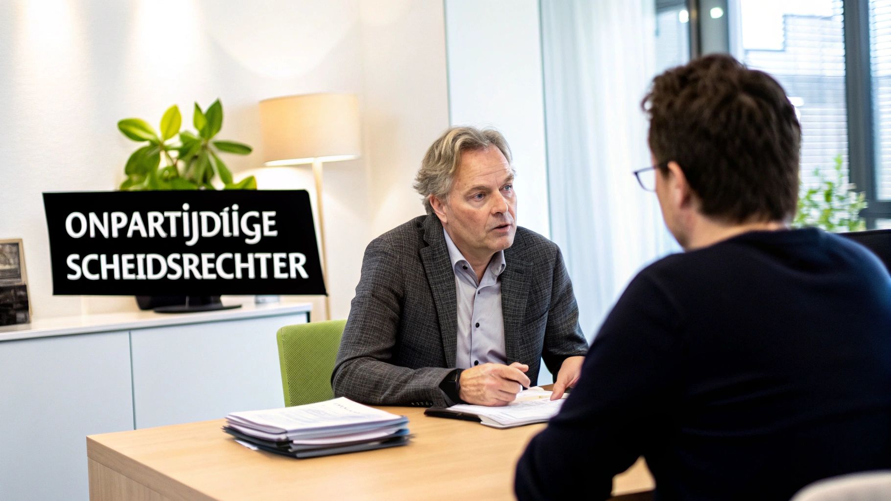 Onpartijdige scheidsrechter in gesprek met cliënt tijdens een mediation sessie op kantoor