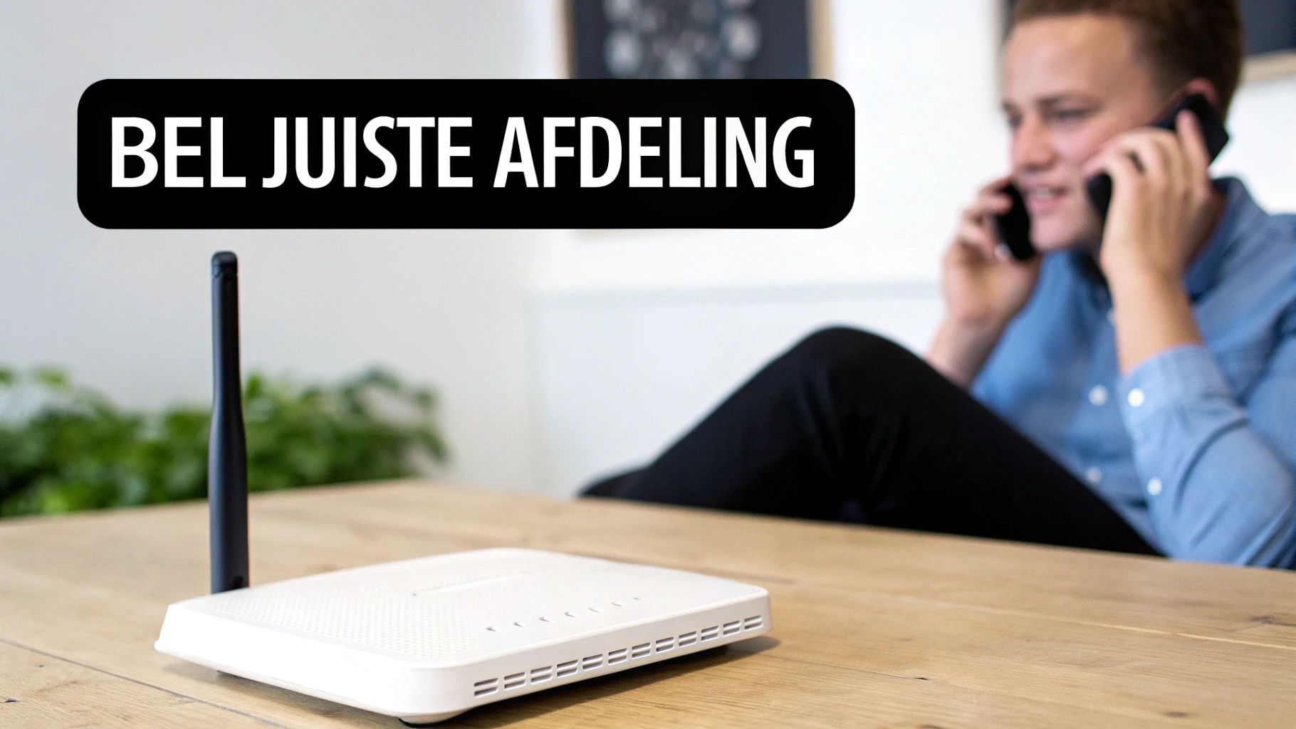 Man belt met twee telefoons naast een wifi-router op tafel, met de boodschap 'BEL JUISTE AFDELING'.