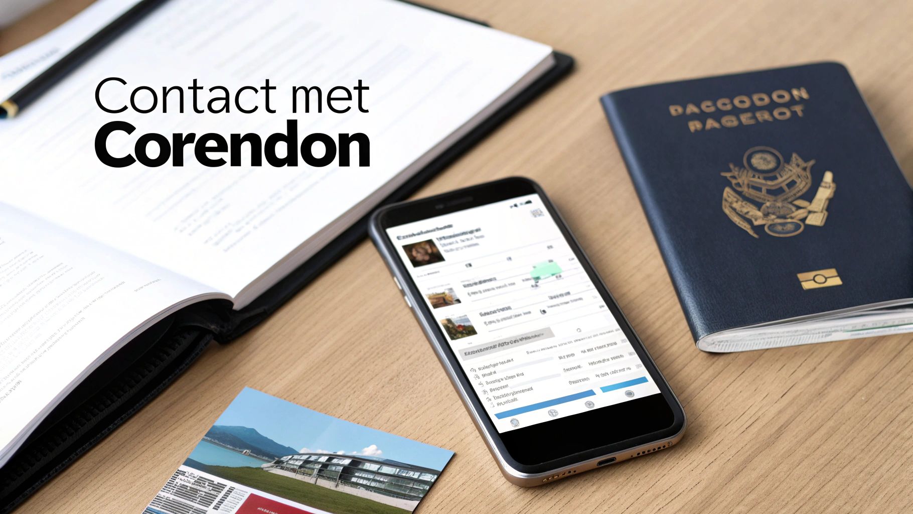 Een open boek met 'Contact met Corendon', een smartphone, paspoort en ansichtkaart op een houten bureau.